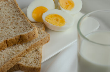 Sliced Whole Wheat Bread, Boiled Egg and Milk for Breakfast.
