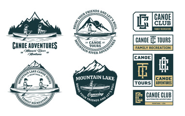 Set of vector canoeing logo, badges and design elements. Water sport, recreation and canoeing design concepts