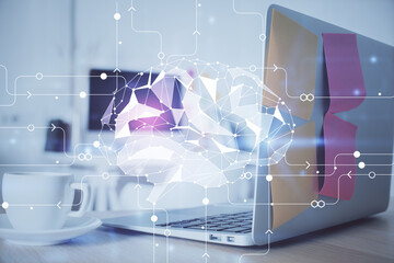 Double exposure of work space with computer and human brain drawing hologram. Brainstorm concept.