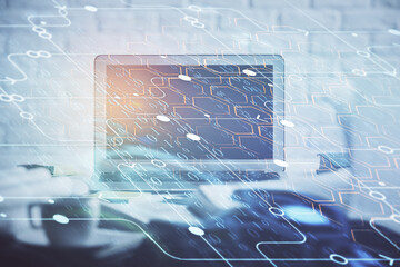 Multi exposure of desktop computer and technology theme hologram. Concept of software development.