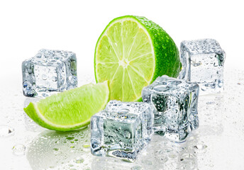 Green lime and ice cubes background.