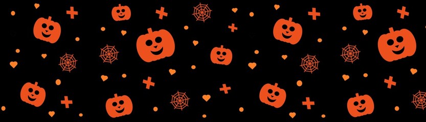 Long banner Halloween. Pattern of cute pumpkins, a cross and a spider web for the holiday. Festive banner with place for your text.