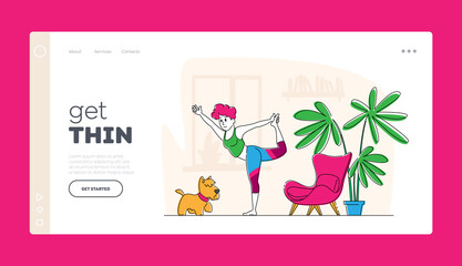 Woman Character Doing Stretching or Yoga Exercises at Home Landing Page Template. Fitness, Sport and Healthy Lifestyle