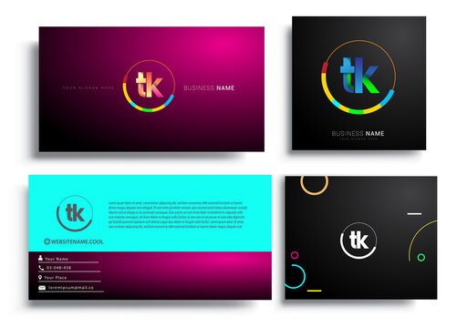 Letter TK logotype with colorful circle, letter combination logo design with ring, sets of business card for company identity, creative industry, web, isolated on white background.