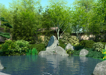 Naklejka premium 3D Rendering Japanese Garden