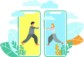 Vector graphics. Group of people. Teamwork. A man and a woman. Mobile phone. The concept of referral marketing. The program of loyalty of friends, the method of advancement.