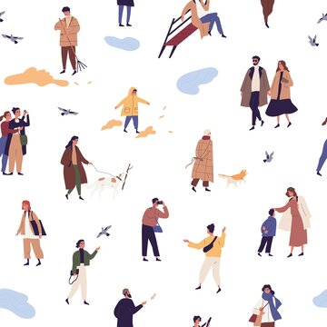 People in autumn clothes or outerwear seamless pattern. Man, woman and children walking on street and performing outdoor activity vector flat illustration. Wallpaper design with street style person