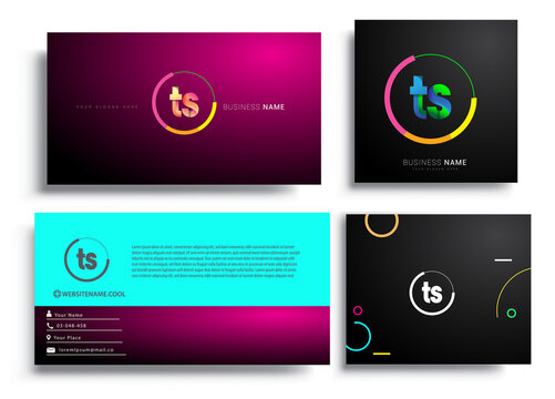 Letter TS logotype with colorful circle, letter combination logo design with ring, sets of business card for company identity, creative industry, web, isolated on white background.