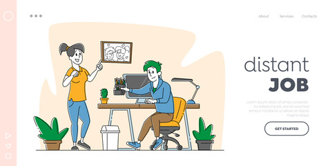 Remote Freelance Homeworking, Domestic Work Place Landing Page Template. Man and Woman Freelancers Working at Home