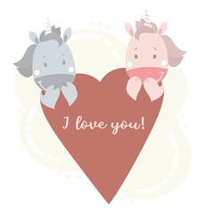 postcard - Declaration of love. Couple of Cute and shy unicorns - boy and girl with heart and phrase - I love you. Vector. illustration for Scandinavian design, print and decoration