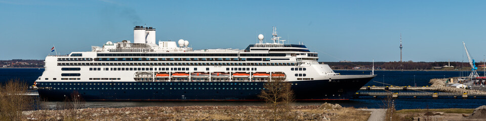 panorama of a cruise ship moored at a jetty on the Baltic sea in Tallinn, Estonia