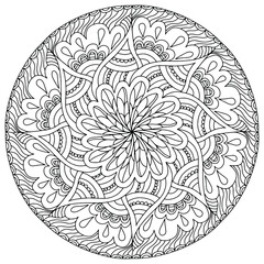 drawn mandala with flowers in folk style on a white background for coloring, vector