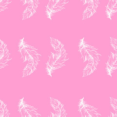 Realistic bird feather pastel seamless pattern template. Vector illustration in pink and white for games, background, pattern, decor. Coloring paper, page, book. Print for fabrics and other surfaces.