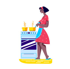 Young woman in apron standing at cooking stove preparing dinner or supper for family