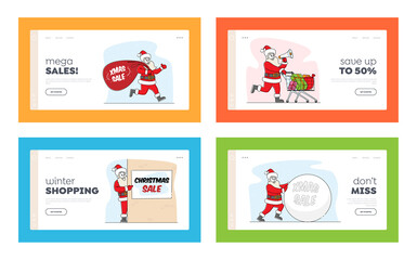 Santa Claus Christmas Sale Announcement Landing Page Template Set. Xmas Character in Costume Hold Banners with Ad Text