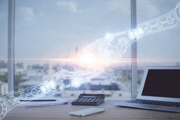 Double exposure of desktop computer and technology theme hologram. Concept of software development.