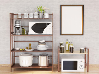 Interior Kitchen Room Photo Frame Realistic Mockup. 3D Rendering, 3D illustration.
