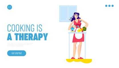 Cooking therapy landing page template with cartoon woman in apron preparing meal