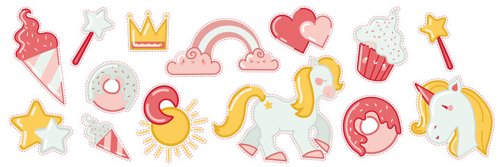 Patch badges doodle set. Collection of hand drawn templates patterns of magic fashion patches fairytale pink rainbow unicorn ice cream and sweet candy Cartoon fashionable girl stickers illustration.