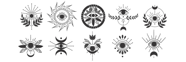 Eyes doodle set. Collection of hand drawn templates patterns of magic witchcraft eye talisman, magical esoteric religion sacred geometry symbols. Amulet talisman or various luck souvenir illustration.