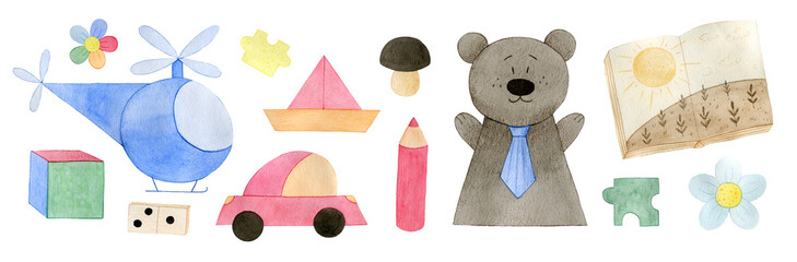 A watercolor set of children's toys. Elements for the design of a children's playroom, teaching aids, postcards, stickers. Isolated elements on white background.