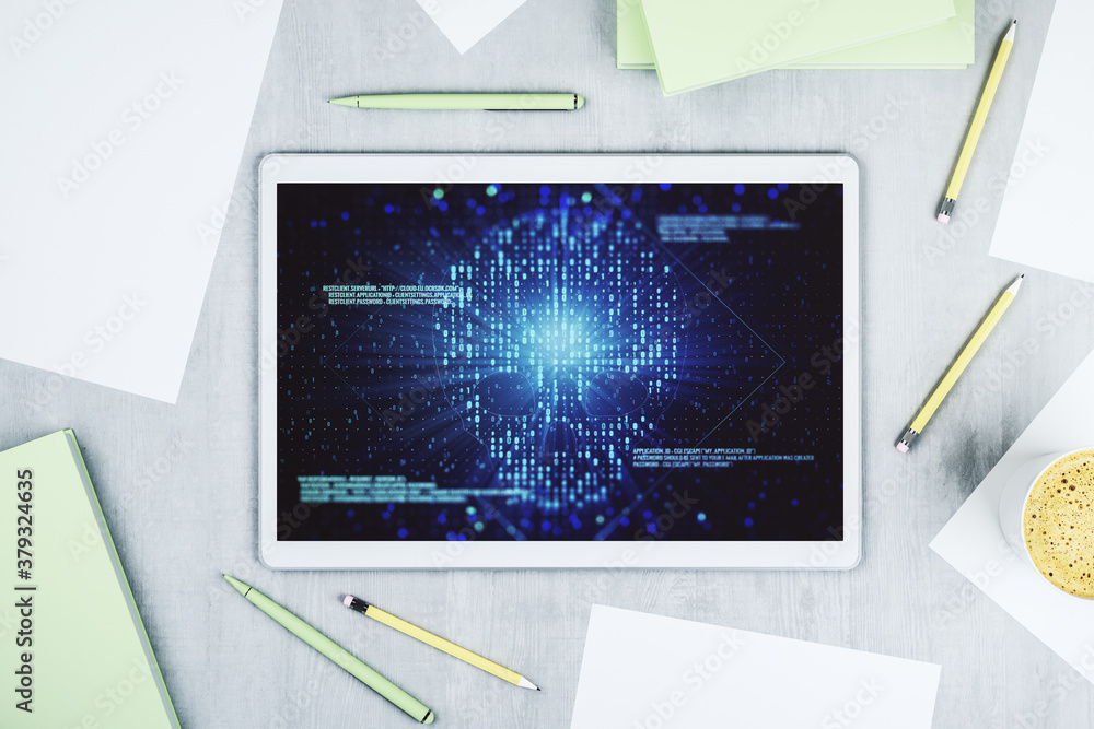 Poster creative concept of code skull illustration on modern digital tablet screen. hacking and phishing co