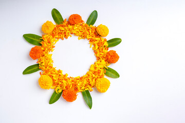 Marigold Flower rangoli Design for Diwali Festival , Indian Festival flower decoration