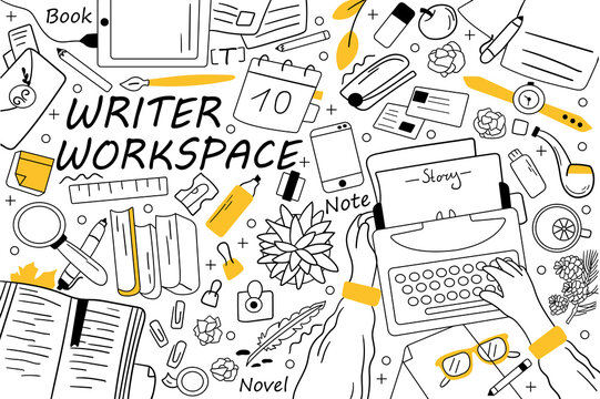 Writer workspace doodle set. Collection of hand drawn sketches templates patterns of writing equipment. Creative occupation and storytelling content book creation illustration