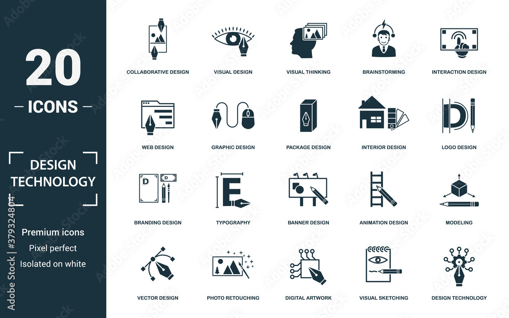 Poster design technology icon set. monochrome sign collection with collaborative design, visual design, vis