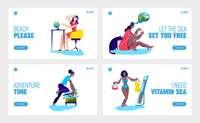 Set of landing pages with women planning trip and preparing for vacation