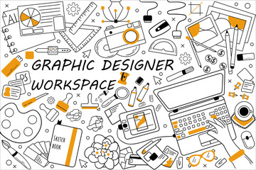 Graphic designer workspace doodle set. Collection of hand drawn sketches templates patterns of graph design equipment. Creative occupation and creation of visual digital products illustration