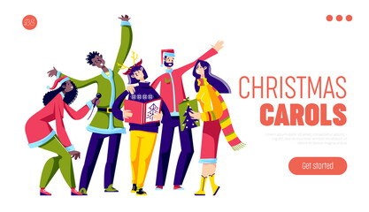 Christmas carols singing template landing page with cheerful group of people singing
