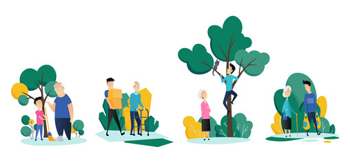 Social workers taking care about seniors peoples. Volunteer young people help elderly mans and womans in different situations. Vector flat cartoon illustration