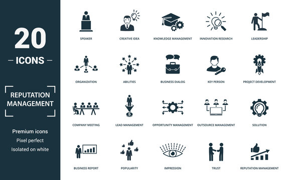 Reputation Management icon set. Monochrome sign collection with speaker, creative idea, knowledge management, innovation research and over icons. Reputation Management elements set.