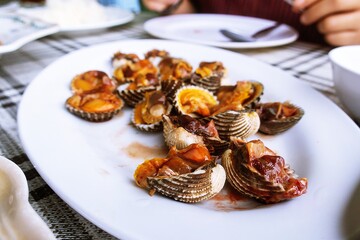 Steamed cockle on white plate