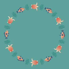 Round frame with fish and turtles swimming in the sea. Marine life background. Vector EPS10.