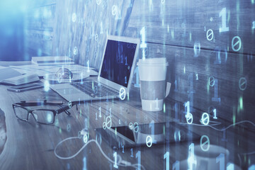 Double exposure of computer and technology theme hologram. Concept of freelance work.