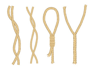 Ropes. Curved nautical ropes with knots vector template. Set of light brown ropes folded in different ways and folded several times around itself. Retro vintage art design