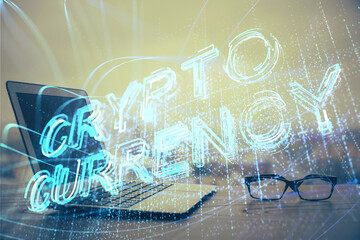 Double exposure of blockchain theme hologram and table with computer background. Concept of bitcoin crypto currency.