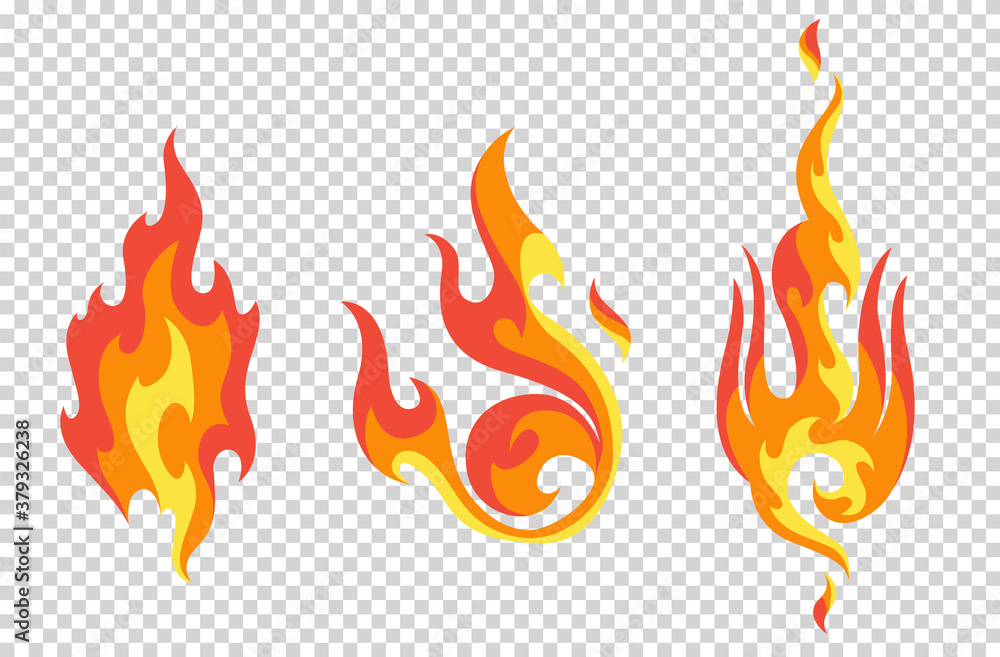 Poster set of red and orange fire flame. flames of different shapes. fireball set, flaming symbols. idea of