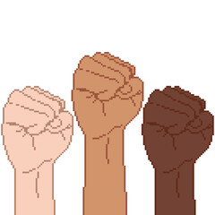 Pixel art demonstration, revolution, protest raised arm fist. Pixel fist. 8 bit. 