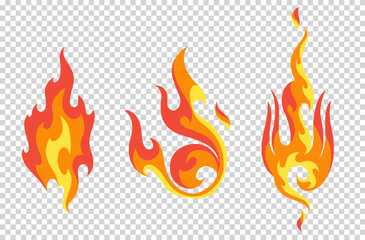 Set of red and orange fire flame. Flames of different shapes. Fireball set, flaming symbols. Idea of energy and power. Collection of hot flaming element. Vector icons in cartoon style