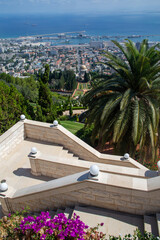 Sunny summer view of Bahai Gardens and Port in Haifa City from Louis Promenade