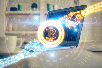 Double exposure of blockchain theme hologram and table with computer background. Concept of bitcoin...