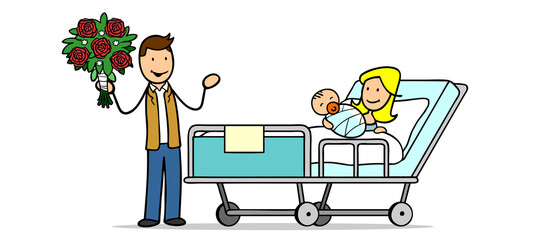 Vater mit Blumenstrauß bei Mutter mit Baby auf Geburtsstation