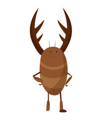 Funny cartoon insect isolated on white. Vector deer beetle character. Happy animal. Colorful hand drawn illustration. Flat colorful bug