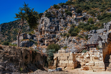 Fototapeta na wymiar Ancient lycian rock tomb ruins in Demre, former Myra, Antalya, Turkey