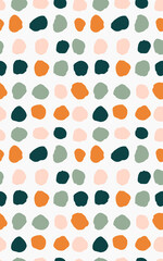 Hand painted dots seamless vector pattern. Dots in orange, pink and green palette over off white. Geometric abstract repeat. Great for home décor, fabric, wallpaper, stationery, design projects.