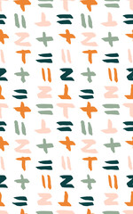 Abstract symbols seamless vector pattern. Hand painted symbols in orange green and pink on white. Kids abstract geometric pattern. Great for home décor, fabric, wallpaper, stationery, design projects.