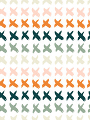 Brushy X kisses seamless vector pattern. Painted x symbol in horizontal stripes. Abstract repeat in orange, green, pink on white. Great for home decor, fabric, wallpaper, stationery, design projects.